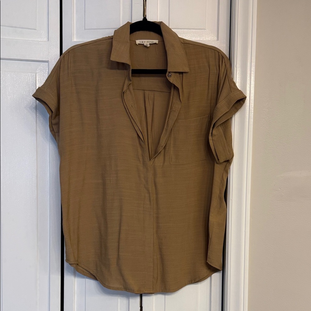 Lily Star Olive-Tone Short Sleeve V-Neck Blouse